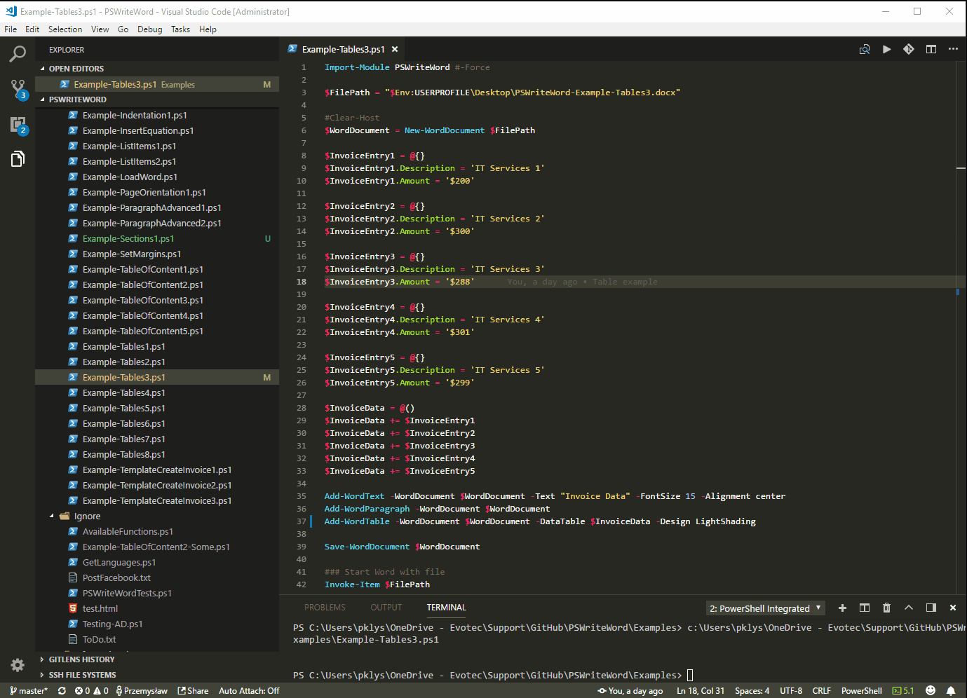 Visual Studio Code showing a PSWriteWord example script that builds invoice data and adds it as a formatted Word table.