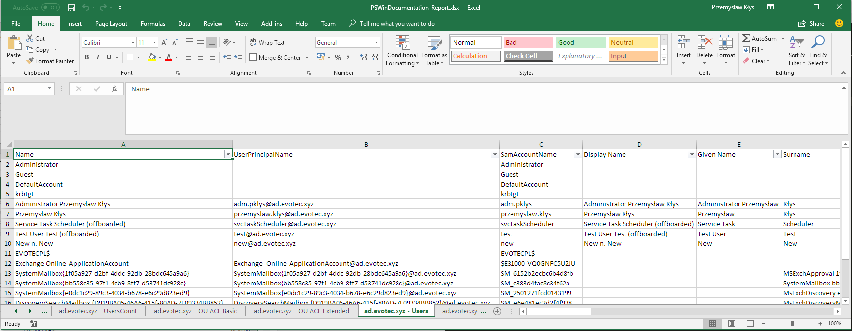 Arkusz Excel z eksportem użytkowników Active Directory wygenerowany przez PSWinDocumentation.