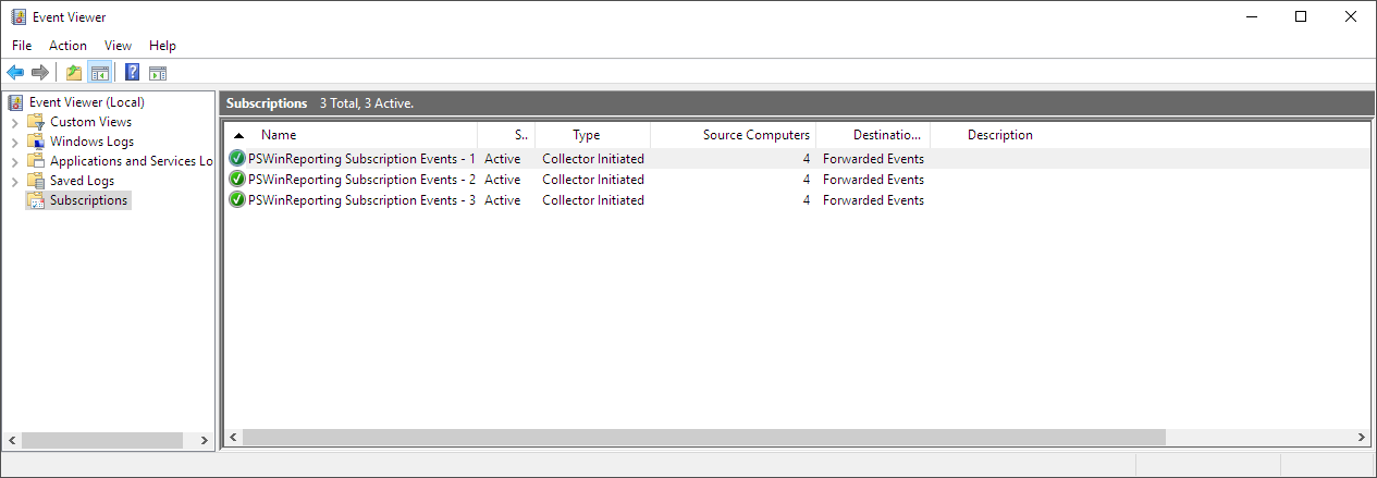 Event Viewer pokazujacy nowo utworzone subskrypcje forwardingu PSWinReporting
