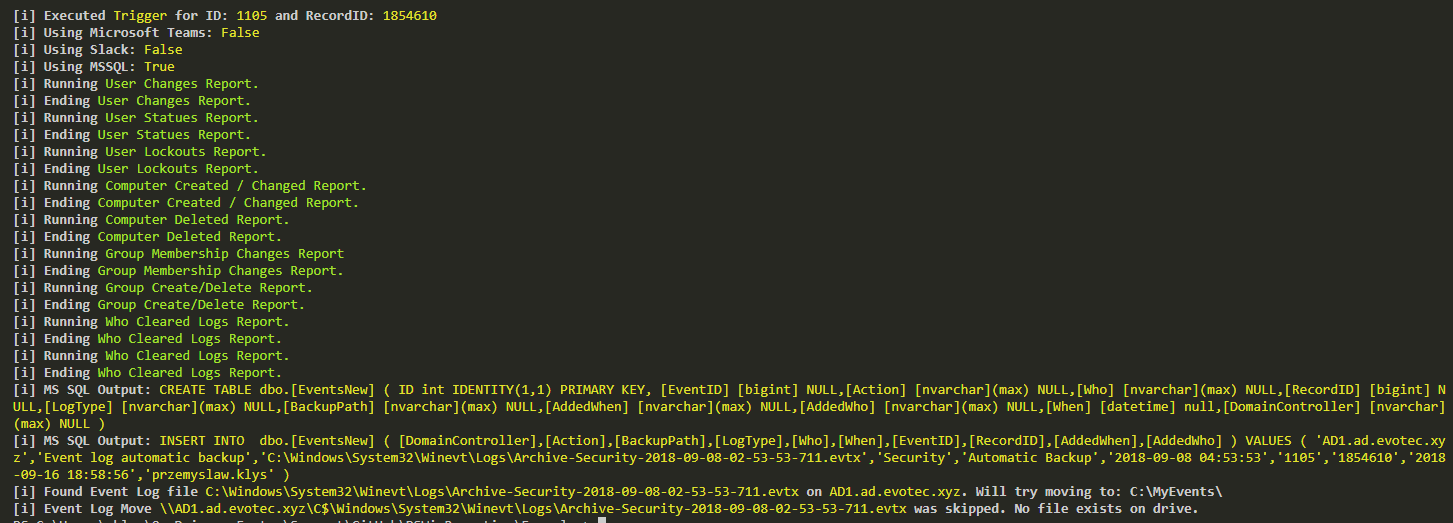 Wynik skryptu SQL pokazujacy automatyczne utworzenie tabeli i pierwszy insert