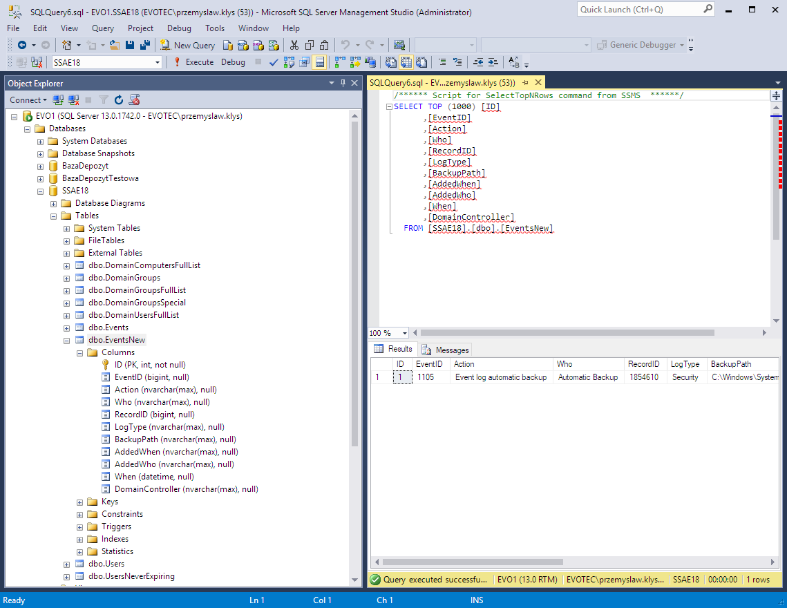 Tabela Microsoft SQL po wstawieniu pierwszego wiersza zdarzenia przez PSWinReporting