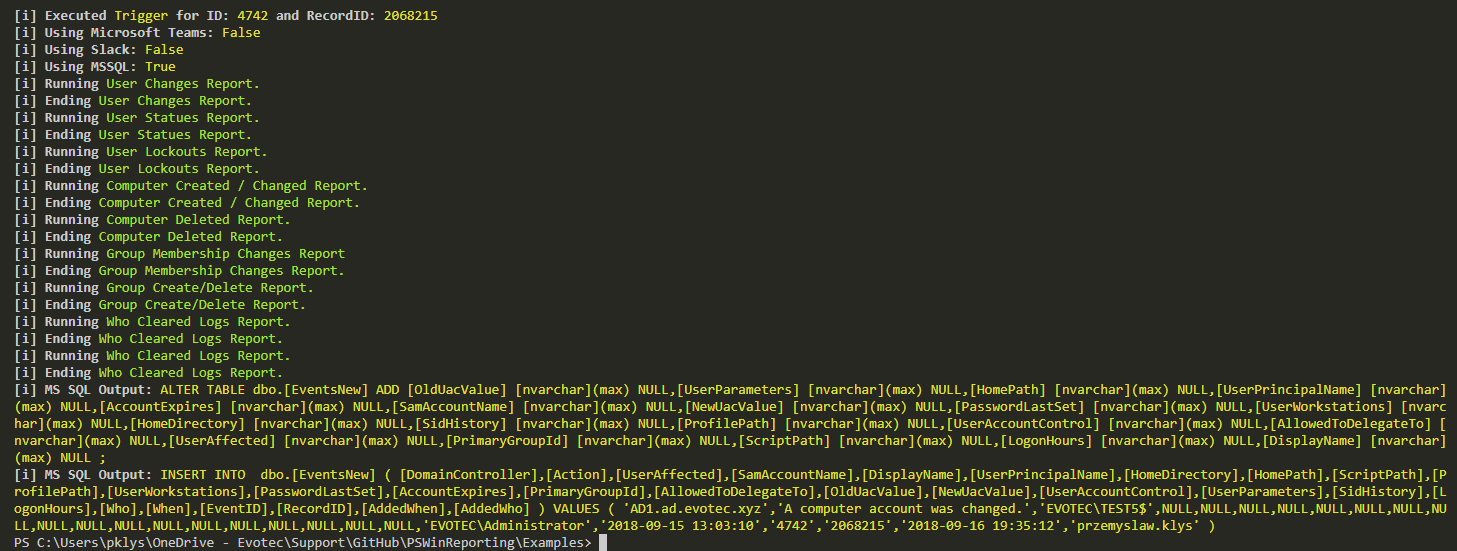 Wynik SQL pokazujacy ALTER TABLE przed insertem zdarzenia z nowymi polami