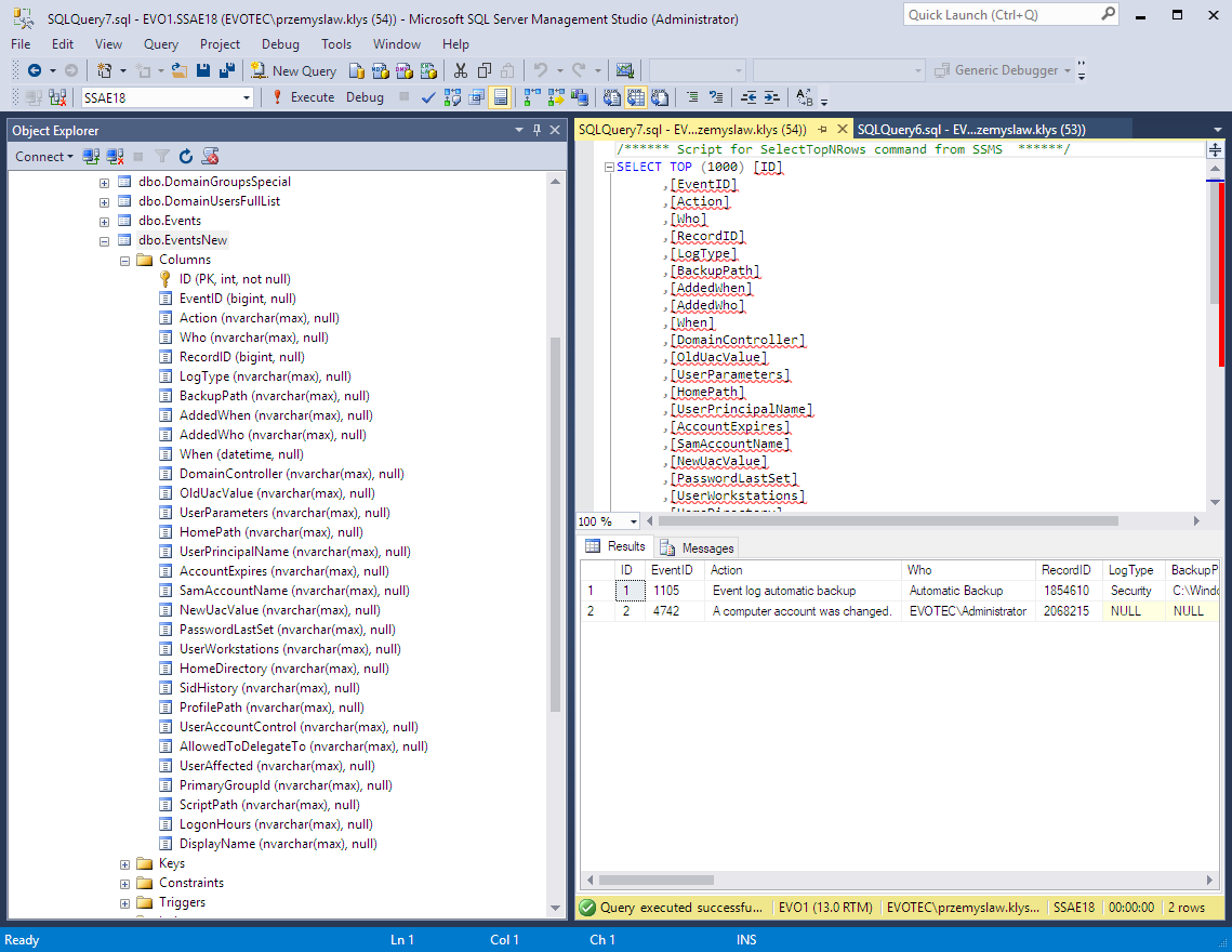 Struktura tabeli Microsoft SQL po automatycznym dodaniu dodatkowych kolumn