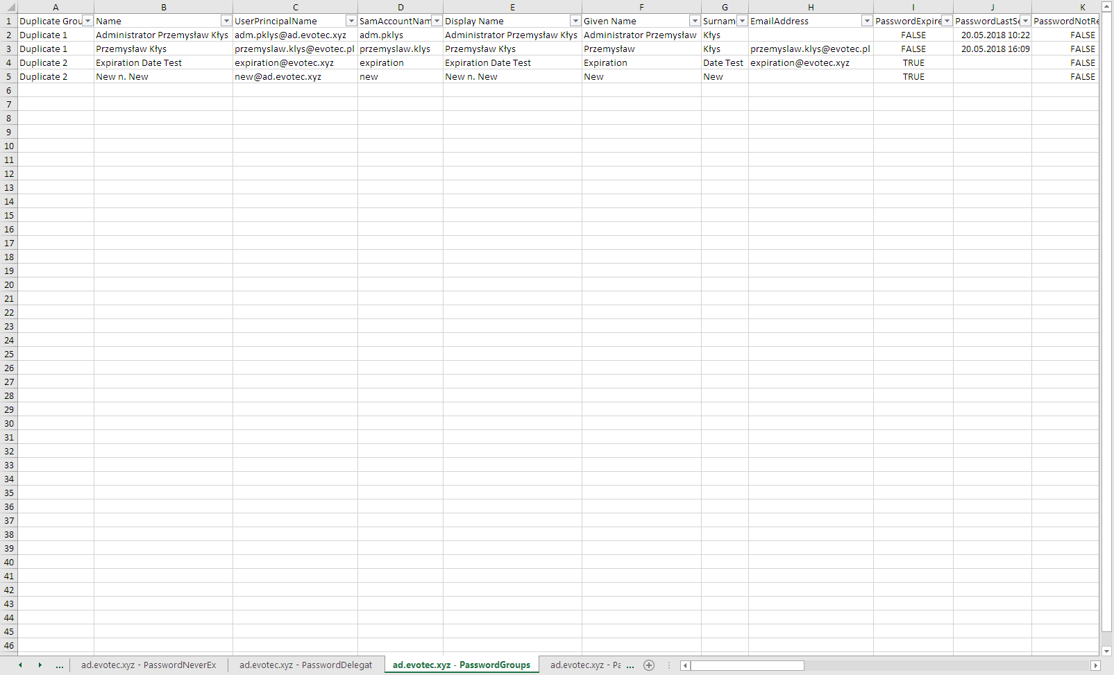 Eksport do Excela grup użytkowników z tym samym hasłem z PSWinDocumentation