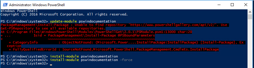 Konsola PowerShell, w ktorej Install-Module dziala poprawnie mimo bledu Install-Package