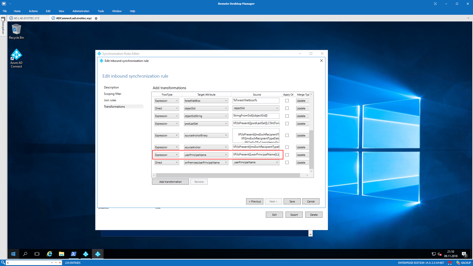 Karta Transformations pokazująca wyrażenie dla atrybutu docelowego UserPrincipalName w sklonowanej regule