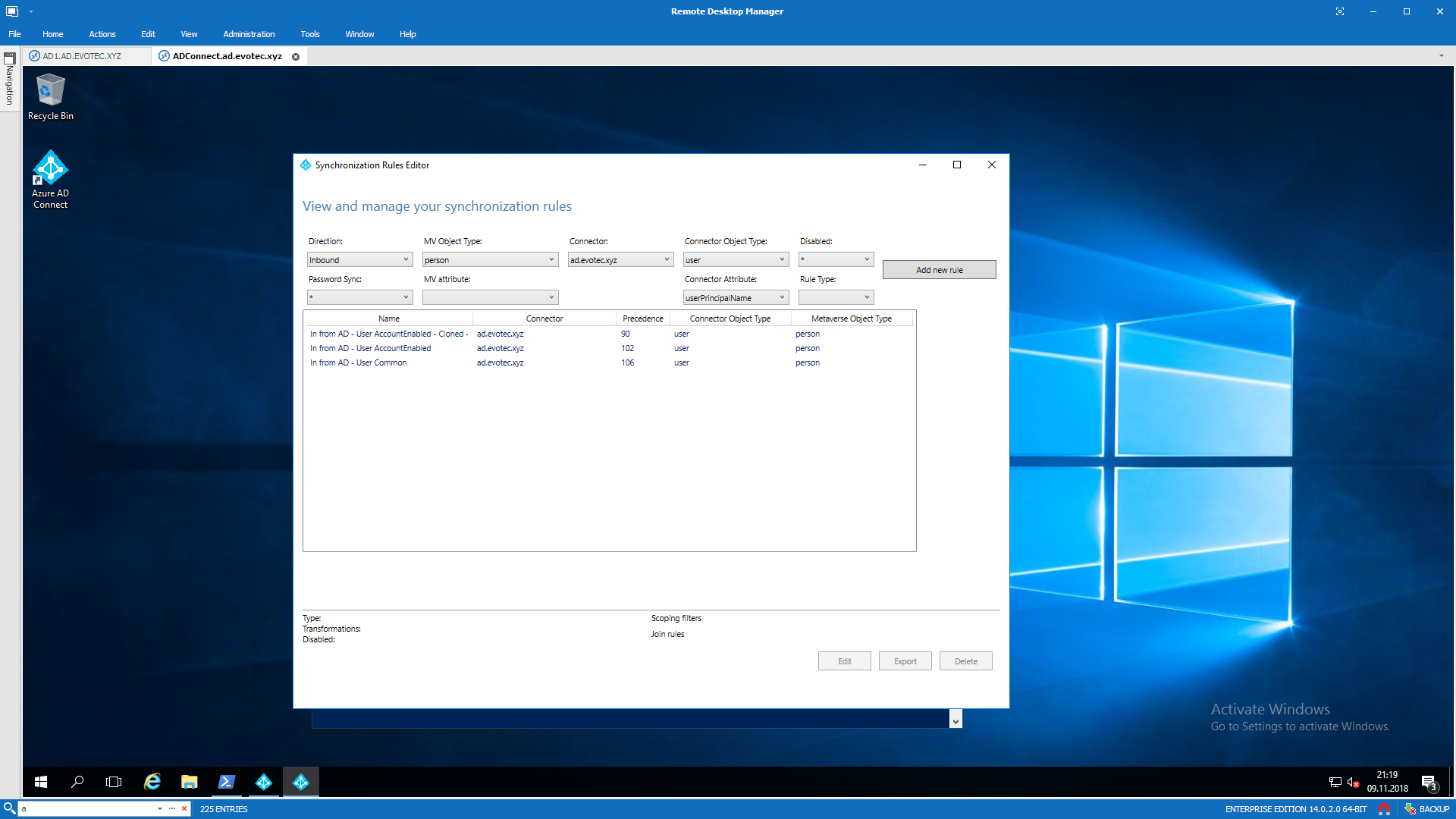 Edytor reguł synchronizacji z pierwszą włączoną sklonowaną regułą obok pozostałej oryginalnej reguły
