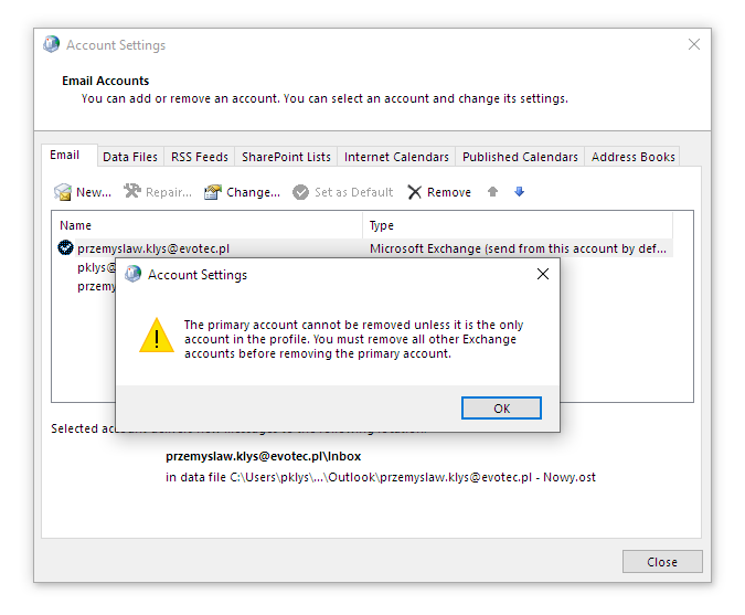 Komunikat błędu Outlook informujący, że nie można usunąć konta głównego, gdy w profilu są inne konta Exchange