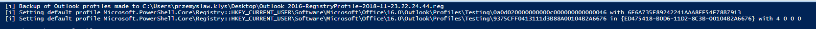 Podgląd wyniku PowerShell dla ustawienia konta Outlook jako głównego