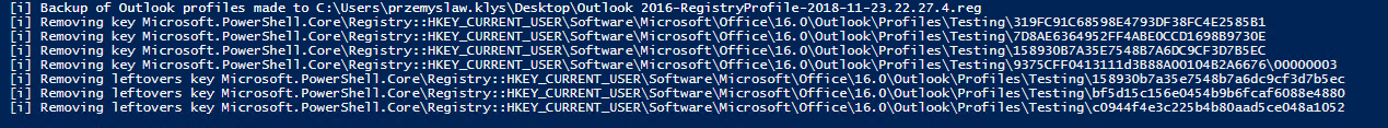 Podgląd wyniku PowerShell dla usuwania konta Outlook według domeny