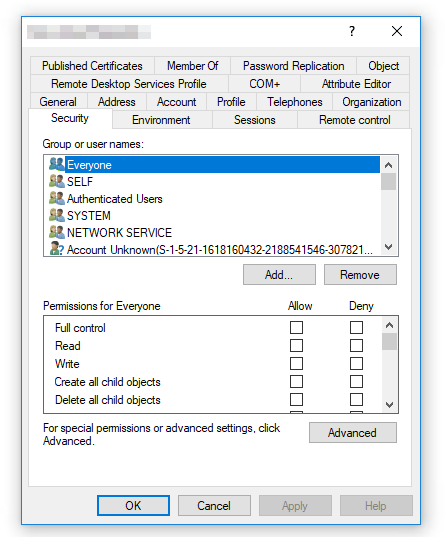 Wlasciwosci zabezpieczen Active Directory pokazujace, czy konto synchronizacji Azure AD Connect ma wymagane uprawnienia