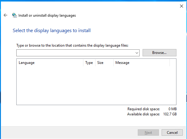 Kreator Install or Uninstall display languages uruchomiony przez lpksetup.exe.