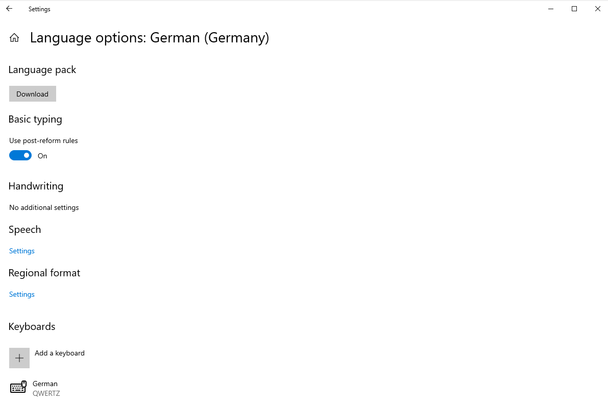 Strona opcji jezyka w Windows Server 2019, na ktorej przycisk Download nie instaluje pakietu jezykowego.