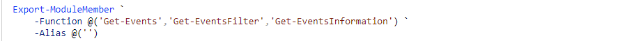 Export-ModuleMember example showing an empty alias string