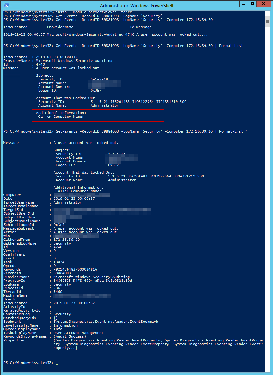 Detailed event view showing the lockout event without a workstation value in Computer Lockout On