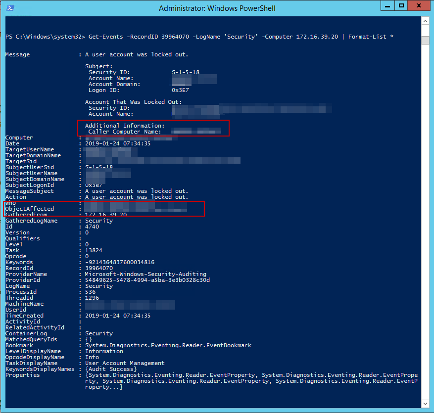 Lockout event example where ObjectAffected clearly shows the computer responsible for the lockout