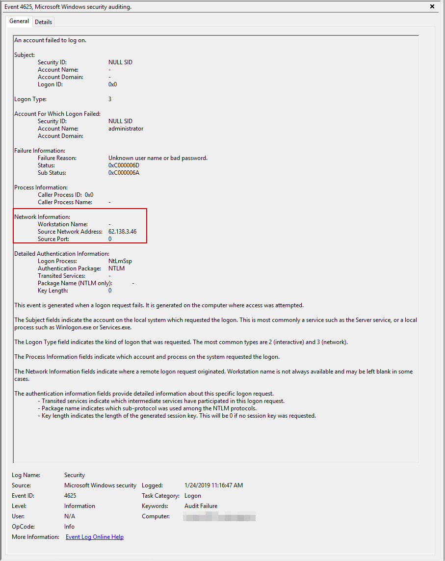 Event Viewer showing failed RDP logon attempts from the external source causing the account lockouts