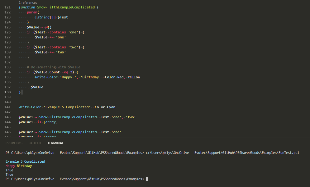 Okno PowerShell pokazujace ze Show-FifthExampleComplicated buduje tablice warunkowo i wypisuje Happy Birthday gdy sa oba elementy.