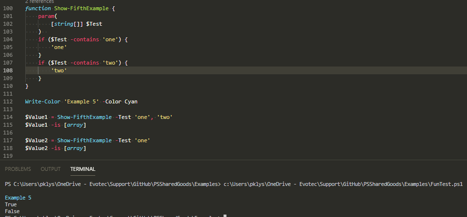 Okno PowerShell pokazujace ze Show-FifthExample zwraca dwa elementy dla dwoch wartosci i jeden element dla jednej.