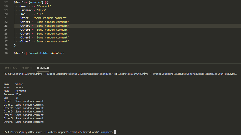 Wynik Format-Table pokazujacy ze OrderedDictionary zachowuje zdefiniowana kolejnosc pol.