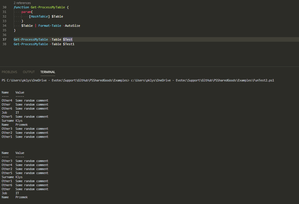 Okno PowerShell pokazujace ze typowany parametr hashtable zmienia OrderedDictionary na zwykly hashtable i psuje kolejnosc.