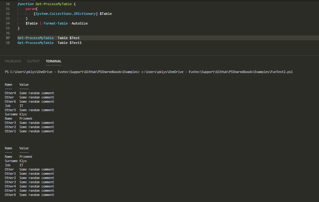 Okno PowerShell pokazujace ze System.Collections.IDictionary przyjmuje i hashtable i OrderedDictionary.