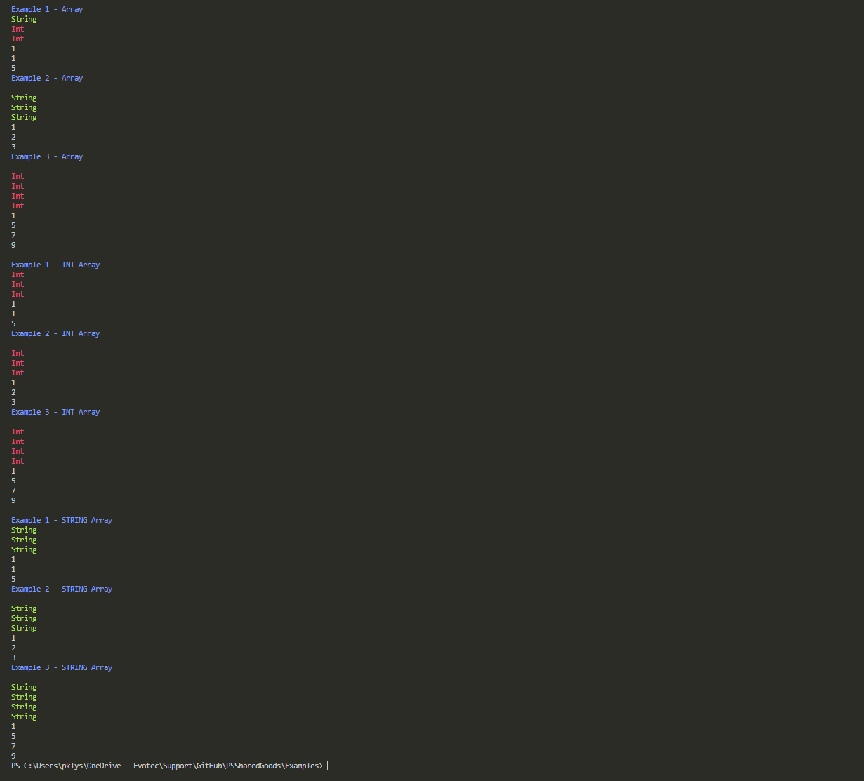 Okno PowerShell pokazujace mieszane, intowe i tekstowe tablice przekazane do trzech typowanych funkcji.