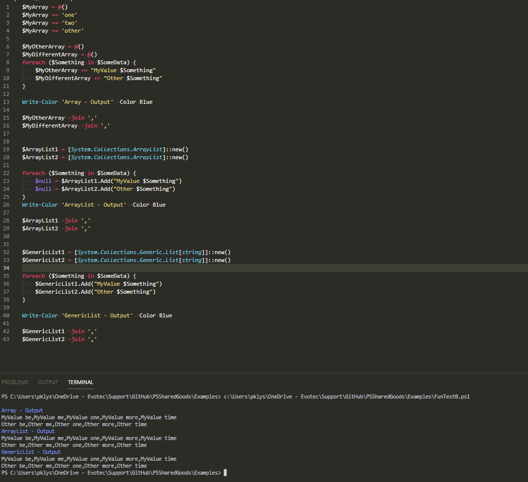 Okno PowerShell pokazujace identyczny wynik laczenia danych dla Array, ArrayList i GenericList.