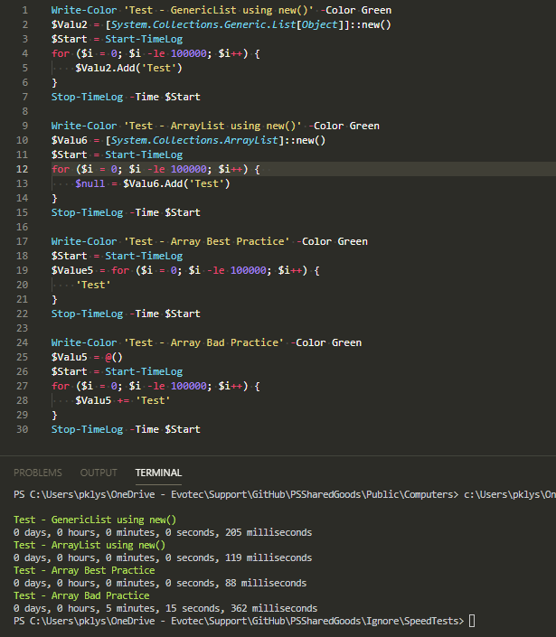 Wynik benchmarku PowerShell porownujacy dodawanie 100000 elementow do GenericList, ArrayList i tablicy przez +=.