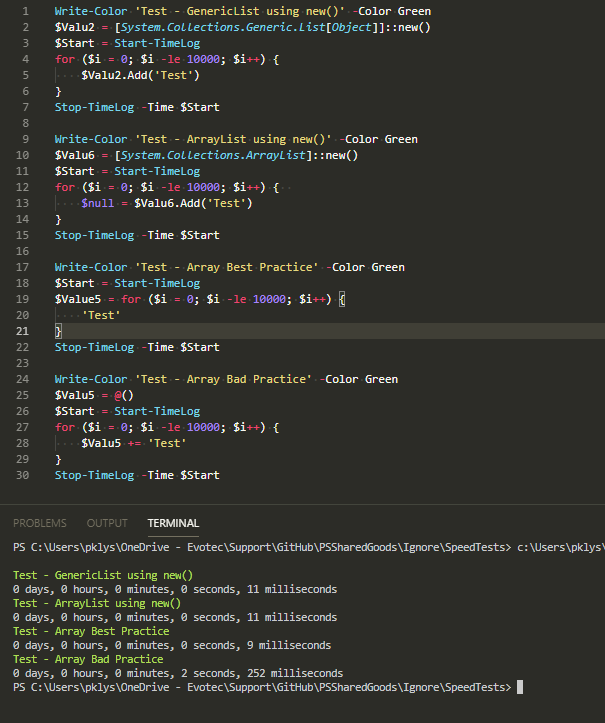 Wynik benchmarku PowerShell porownujacy dodawanie elementow do GenericList, ArrayList i tablicy przez +=.