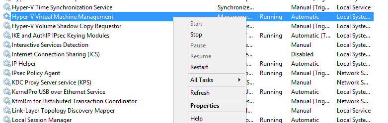 Services console opened from services.msc with Hyper-V Virtual Machine Management ready to restart