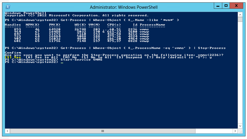 PowerShell session stopping the VMMS process and starting the Hyper-V management service again