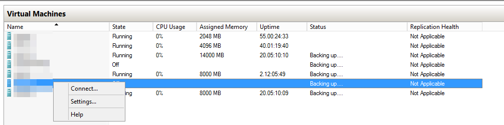 Hyper-V Manager view with the affected virtual machine still marked as Backing up