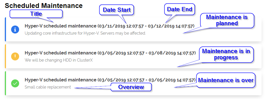 Sekcja prac konserwacyjnych Statusimo pokazująca zaplanowane okno serwisowe