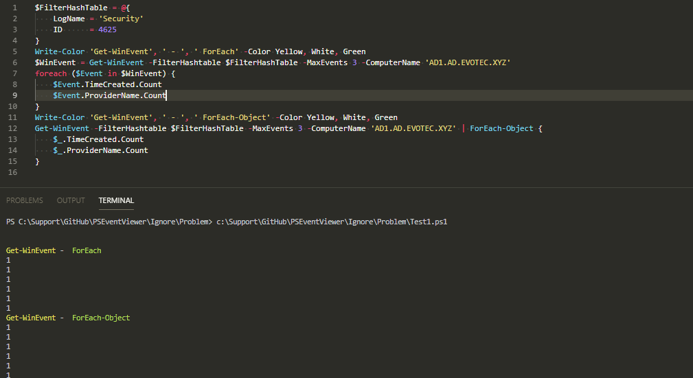 PowerShell output comparing Get-WinEvent behavior in ForEach and ForEach-Object loops