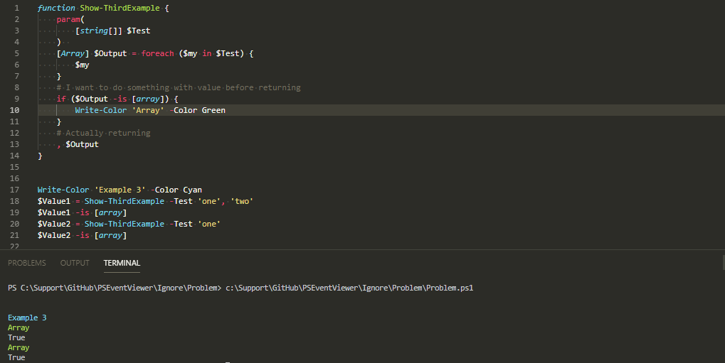 PowerShell test output confirming the comma operator affects how a single returned array is handled