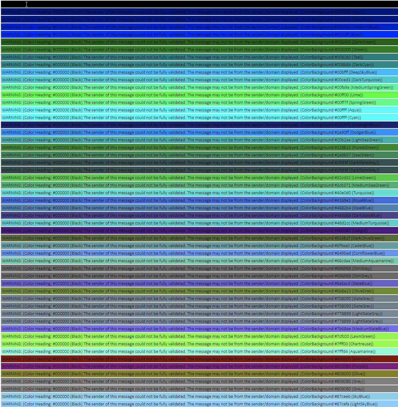 Large generated color comparison page for testing email warning banner combinations