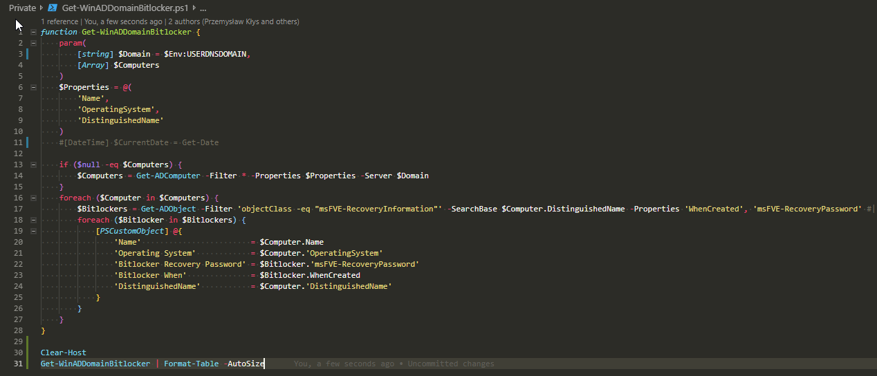 Kod PowerShell funkcji Get-WinADDomainBitlocker pobierającej klucze odzyskiwania BitLocker z Active Directory.