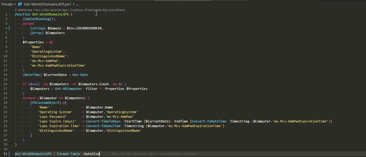 Kod PowerShell funkcji Get-WinADDomainLAPS pobierającej hasła LAPS oraz czas ich wygaśnięcia z Active Directory.