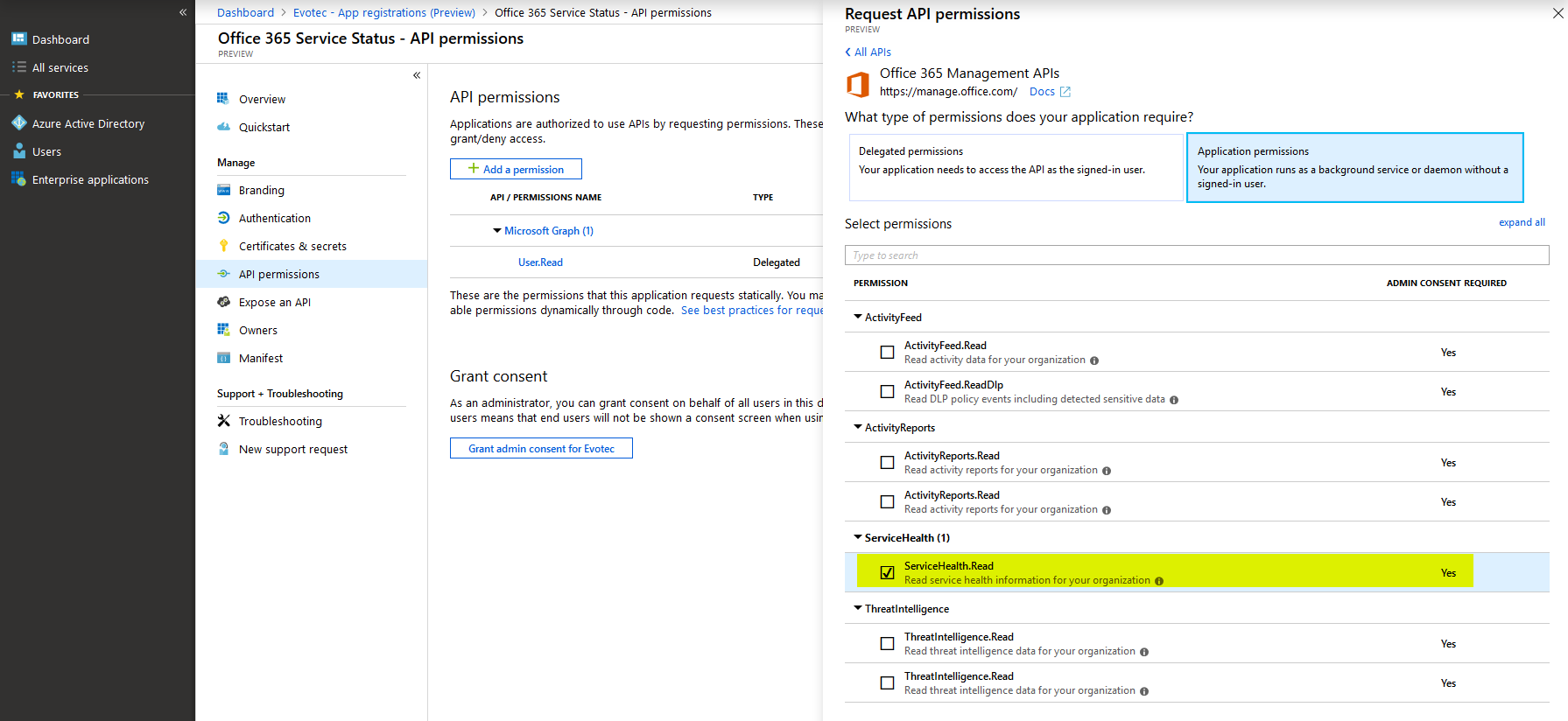 Lista uprawnien Office 365 Management APIs z dostepnym ServiceHealth.Read