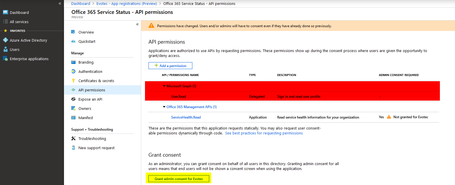 Podsumowanie API permissions pokazujace dodane uprawnienie i akcje Grant admin consent