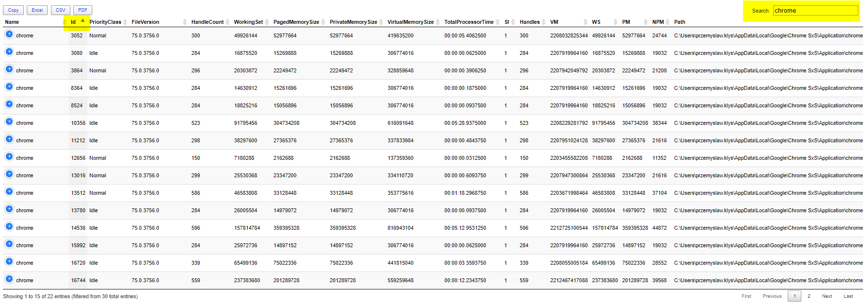 Dashimo table filtered with Find set to chrome