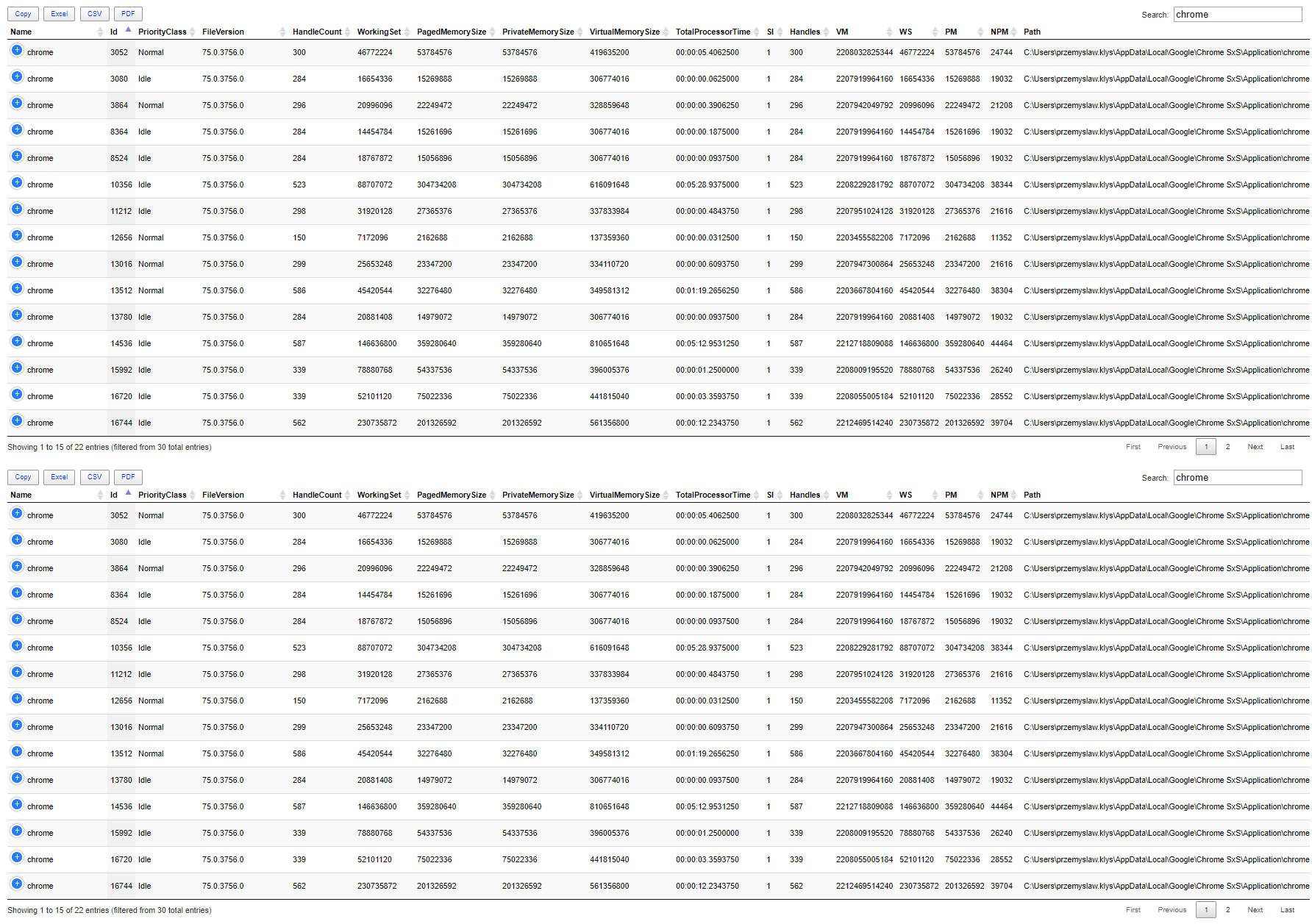 Dashimo dashboard showing two process tables filtered for chrome