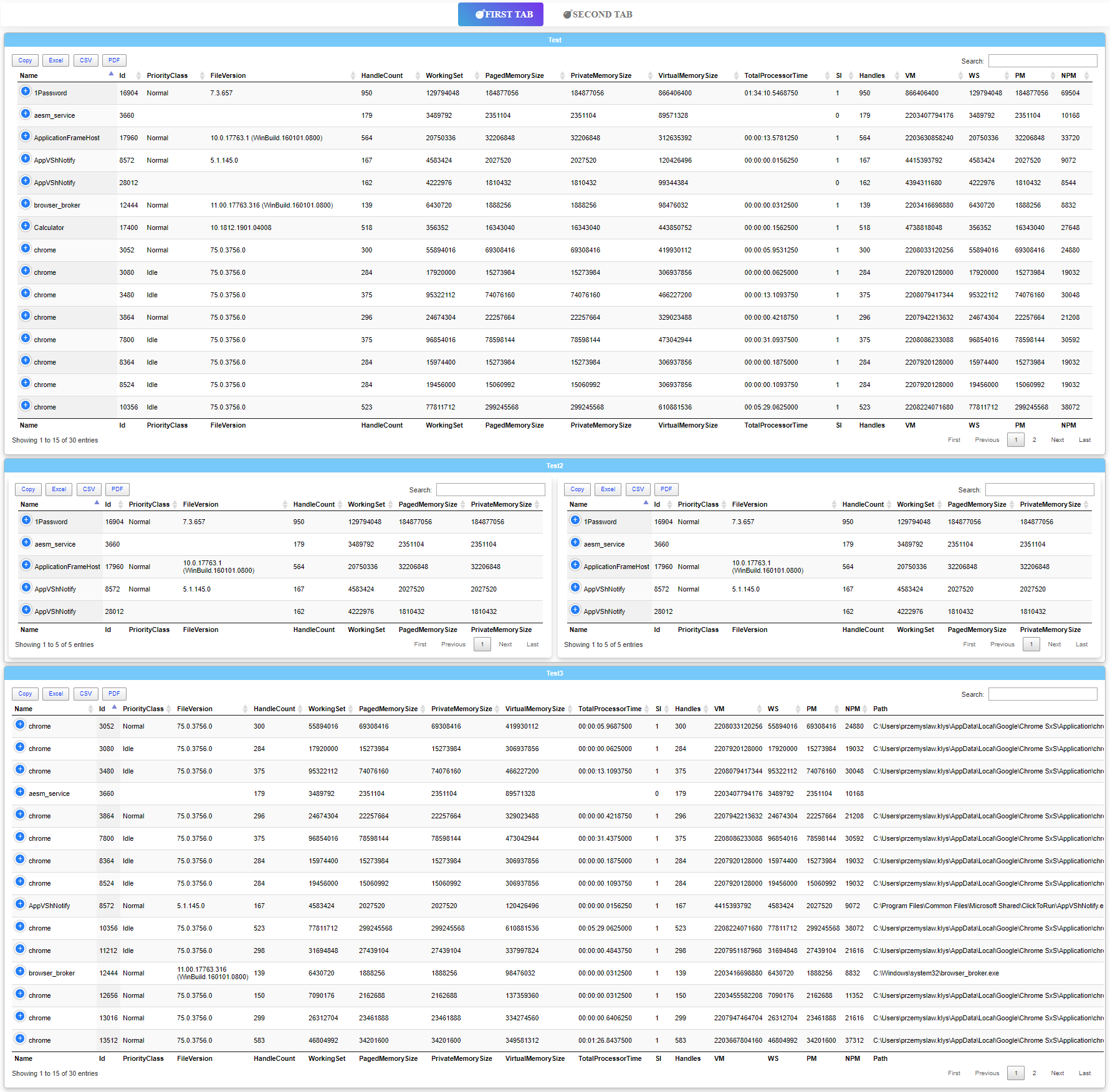 Dashimo dashboard with tabs, sections, panels, and multiple process tables