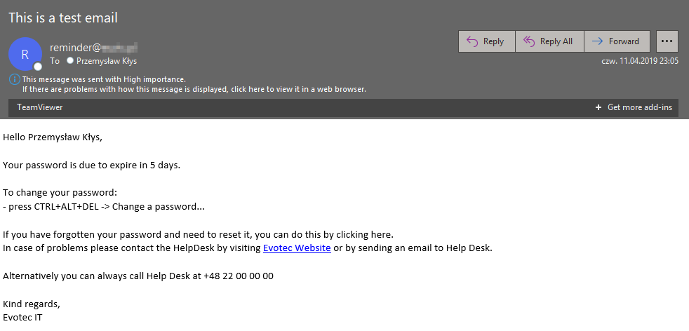 Simple Emailimo password reminder email with Calibri text and a single link
