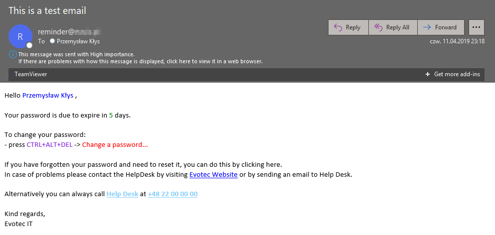 Emailimo password reminder email using colors, formatting, and highlighted actions