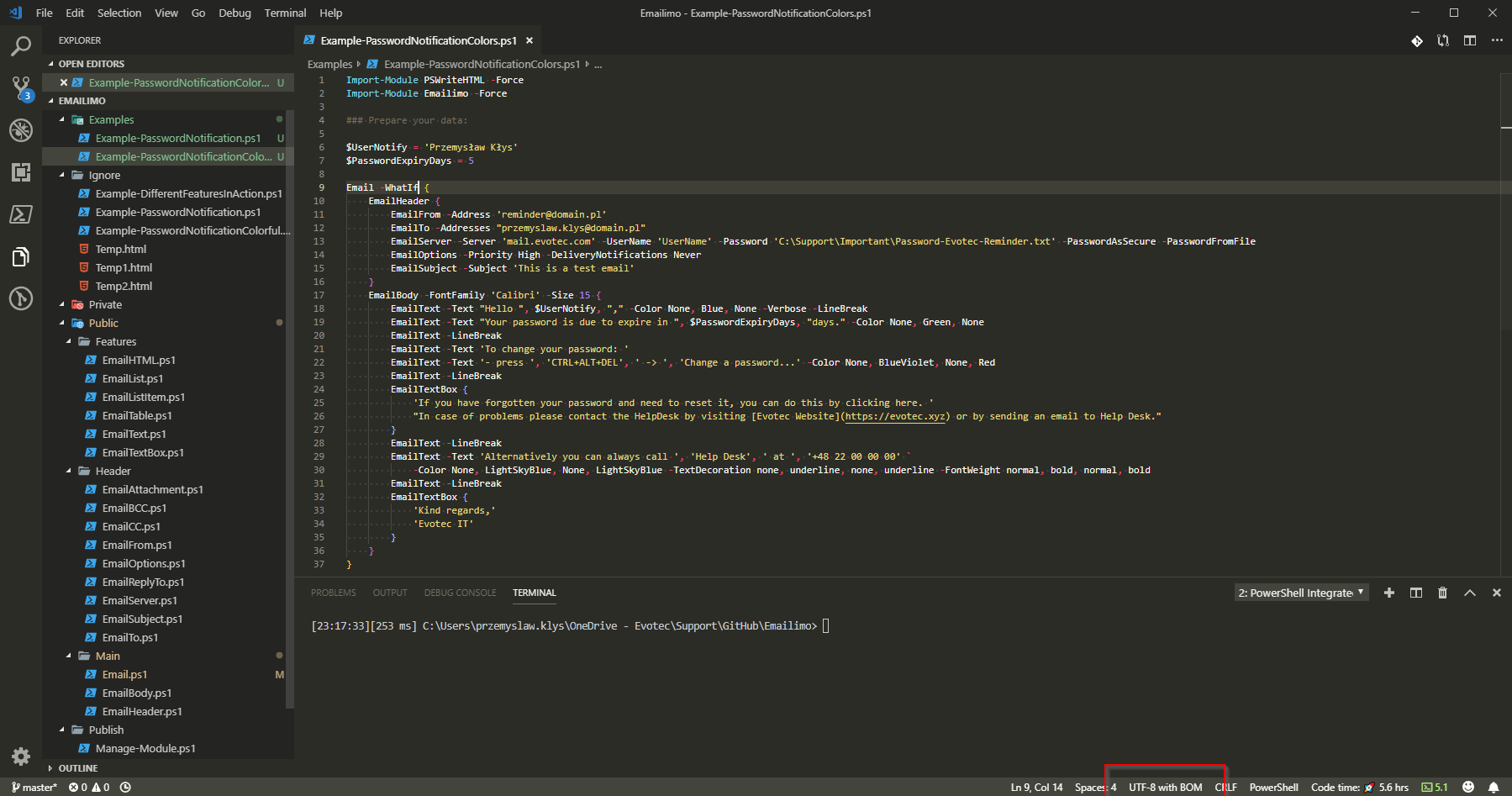 VS Code encoding selector showing UTF-8 with BOM for emoji and non-English characters