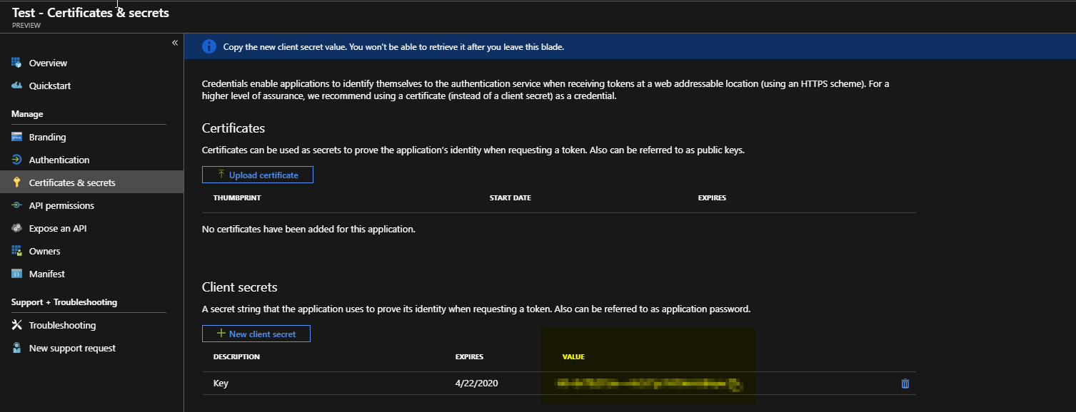Wartosc client secret pokazana jednorazowo po utworzeniu i gotowa do skopiowania