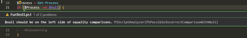 Ostrzezenie VS Code sugerujace umieszczenie null po lewej stronie porownania