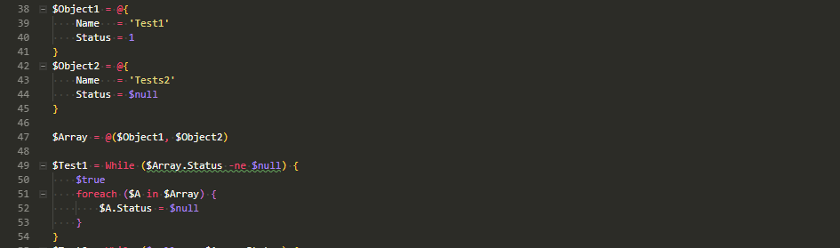 Przyklad PowerShell z dwiema petlami while porownujacymi wartosci statusu obiektow z null